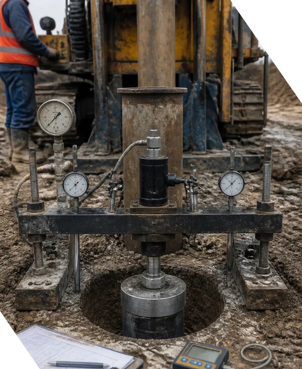 Штамповые испытания грунта в скважине на объекте в Зиме